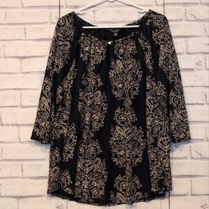 Lucky Brand Women's Size 2X Knit Top Black Tan Keyhole Neck Button Long  Sleeve